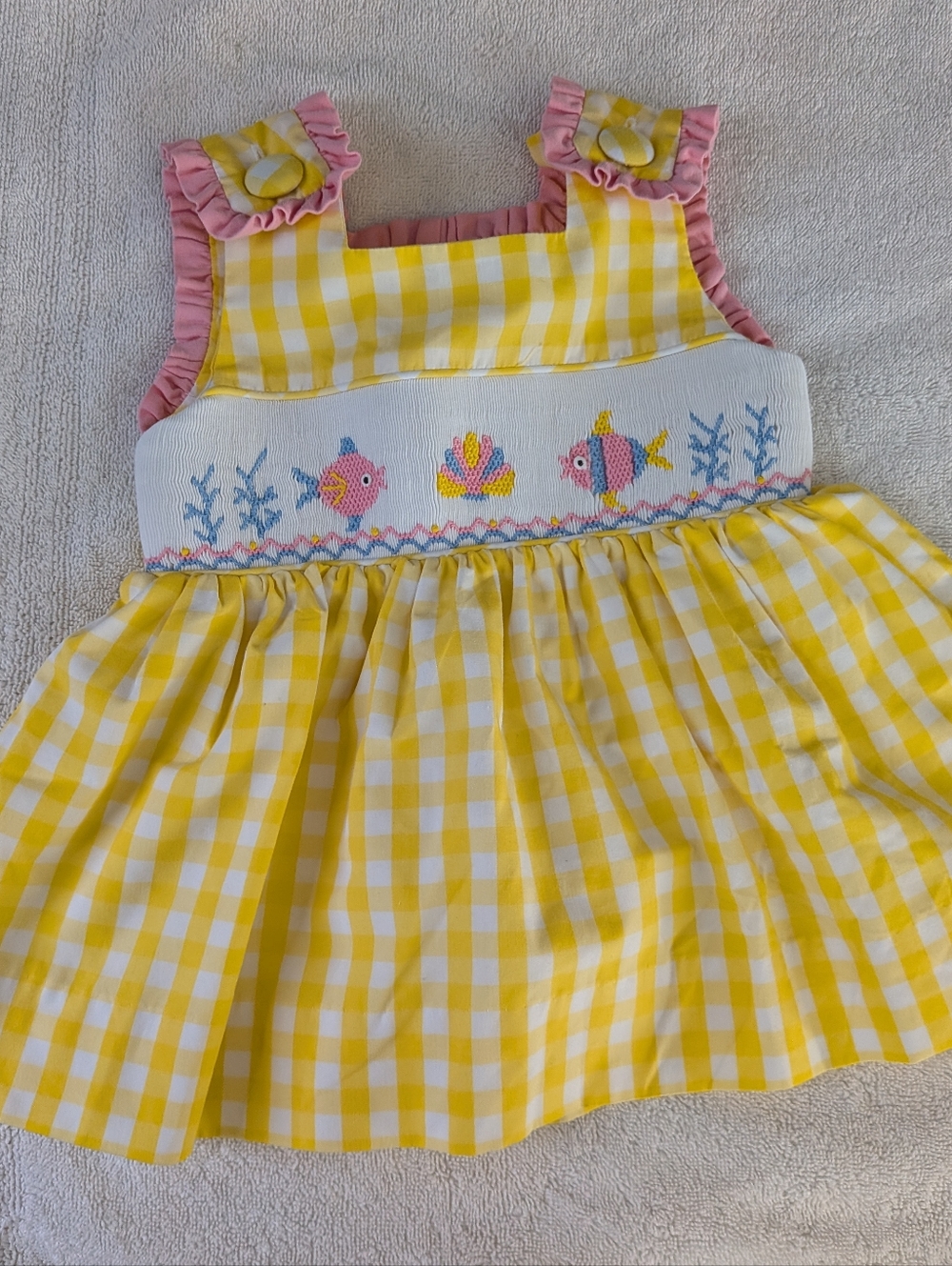 Stitchy Fish Smocked Yellow Gingham Dress with Pink Trim And Sea Life